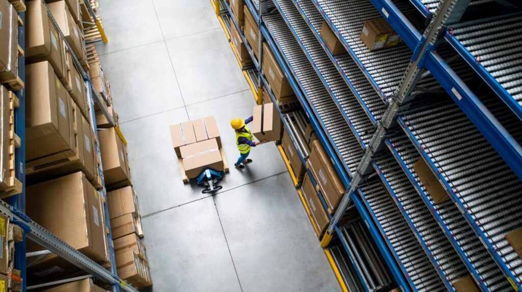 Worker carrying a box in a warehouse